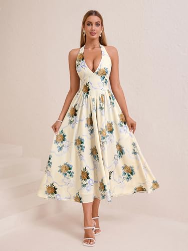 Image of Parthea Women's Gingham Halter V Neck Midi Dress Corset Smocked Sundress Flowy A Line Wedding Guest Dresses