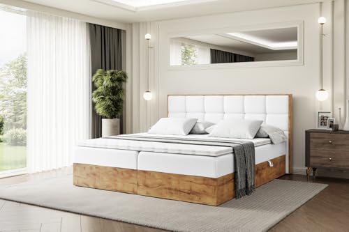 ALTDECOR Boxspringbett mit Matratze und Lattenrost, Topper, Fußteil,Polsterbett mit Bettkasten, Bett mit Stauraum H4-Matratze, Doppelbett, Boxbett - LOLLI2-160x200 - Weiß Kunstleder
