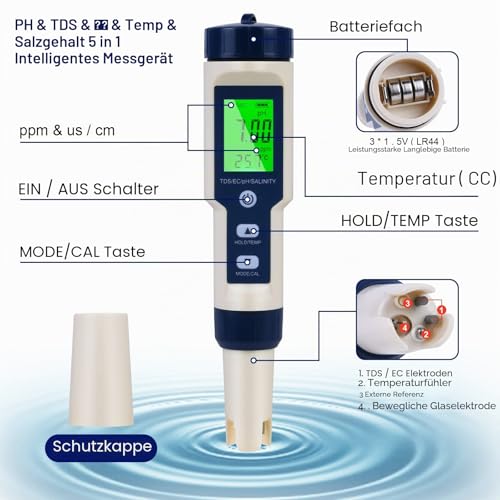 Foto von Flintronic 5-in-1 PH Messgerät, PH/TDS/EC Temperaturtester mit Hintergrundbeleuchtung, 0-14 pH-Bereich, ±0,1 Genauigkeit für Pool, Trinkwasser, Schwimmbad und Aquarium - Blau