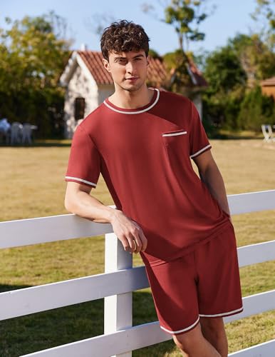 Image of Ekouaer Men's Pajamas Set Casual Short Sleeve Shirts and Shorts Soft 2 Piece Loungewear With Pockets