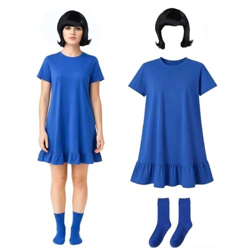 Blue Dress Short Sleeve Black Flip Wig with Blue Socks Halloween Costume Set for Women Cosplay Party (Small)