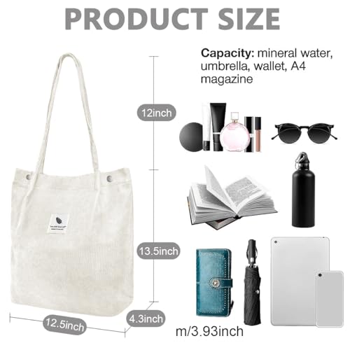 Image of PALAY Tote Handbags for Women Girls Stylish Large Capacity Canvas Corduroy Shoulder Bag With Inner Pocket Grocery Bag Tote Bags for Office, College School Work Shopping Travel Daily Use - White