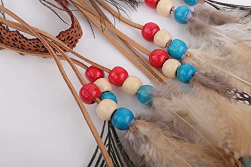 Jumwrit Boho Feather Headband Indian Hippie Gypsy Headpiece Peacock Feather Tassel Headdress Flower Elastic Band Beaded Hairband Accessories For Women And Girls（Brown） #TOP4