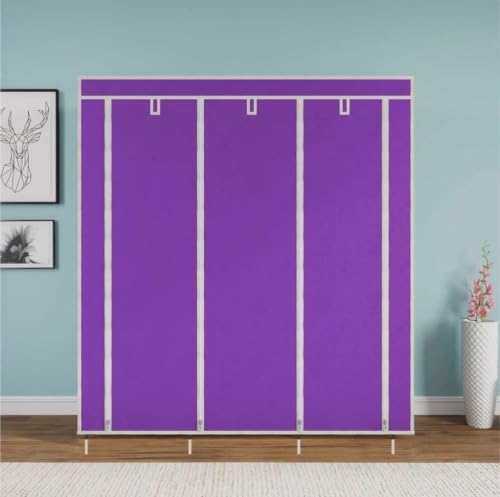 Image of Collapsible Wardrobe Closet for Clothes Storage, 8 Shelf Portable Fabric Almirah, Foldable Clothes Organizer with Plastic Frame, Space Saving Cupboard for Bedroom (Purple)