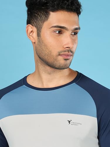 Image of TECHNOSPORT Men's Slim Fit Polyester Color Block Athleisure Crew Neck T-Shirt with Full Sleeve, Moisture Wicking and Quick Dry