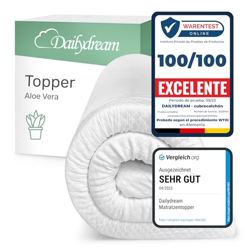 Dailydream Topper viscoelástico para colchón de 135x190, Grosor 5cm, Sobrecolchón Memory Foam, Edition Aloe Vera, Model M, Cubrecolchón de Espuma, Espuma viscoelástica, Espuma Memoria, Topper Sofa