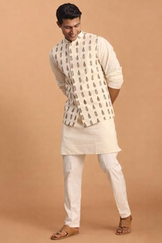 Image of Vastramay Men's Cream Cotton Jacket, Kurta And Pyjama Set | Wedding & Festive Ethnic Wear | Ideal For Traditional, Haldi, Sangeet & Reception Functions