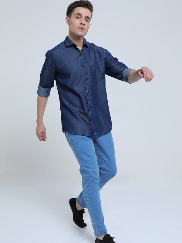 Image of Codaisy Men's Blue Single Pocket Casual Full Sleeves Regular Fit Solid Denim Shirts Available in Plus Size