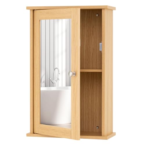 GIANTEX Armario de Pared con Espejo, Mueble de Baño Colgante con Espacio de Almacenamiento, Estante Interior Ajustable, 34 x 15 x 53 cm (Natural)