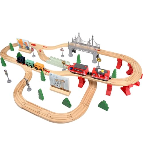 Image of Wooden Train Track Set for Kids Age 3+ | 72-Pc Railway Track Toy with Battery Operated Engine Wooden Trains, Multi-Level Bridge & Construction Accessories Universal Fit | Gift for Boys & Girls