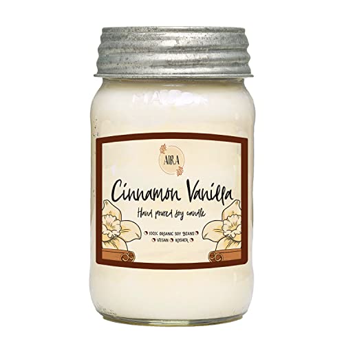 Aira Soy Candles - Organic, Kosher, Vegan, In Mason Jar W/Therapeutic Grade Essential Oil Blends - Hand-Poured 100% Soy Candle Wax - Paraffin Free, Burns 110+ Hours - Cinnamon Vanilla -16 Ounces #TOP2