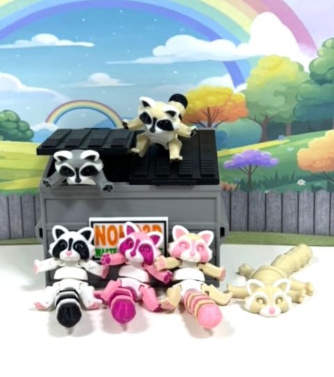 6pcs Articulated Racoon,3D Printed Dumpster Bin, Tiny Animal Raccoon Toy, Trash Panda, Fidget ADHD Autism Toy AR-Set-GRYB