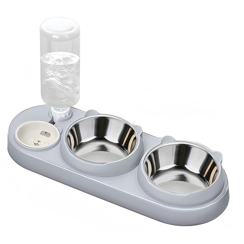 Marchul Gamelle pour Chat 3 en 1, Gamelle de Nourriture et d'eau pour Chat avec Distributeur d'eau et Bols en Acier Inoxydable, Inclinée à 15°, Trois Bols Surélevés pour Chats d'intérieur, Bleu Gris