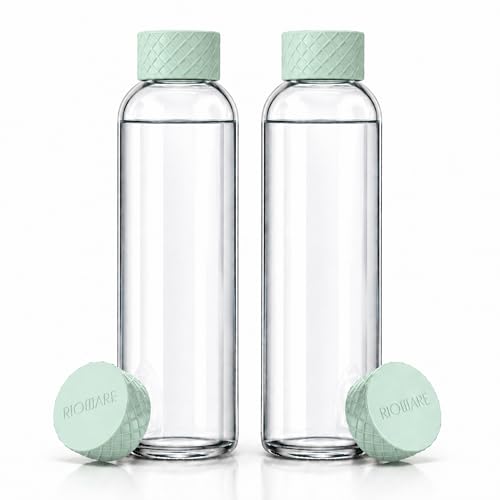 Image of Rioware Glass Water Bottle 1 Litre | Airtight lid | Leak Proof | Silicon Cap | Fridge Water Bottles for Home, Office & Gym (1 Ltr- Pack Of 2, Green)