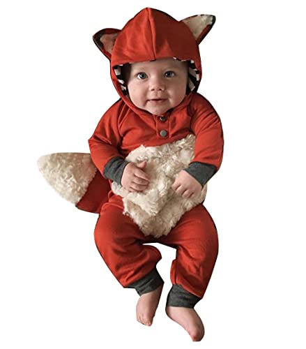 XFGLCK Newborn Infant Baby Girls Boys Halloween Outfit Cartoon Fur Fox Hoodie Romper with Tail (Orange 6-12 Months)