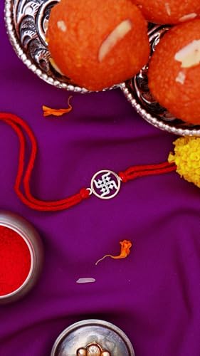 Image of KuberBox Swastik 925 Sterling Silver Rakhi Bracelet for Raksha Bandhan For Brother