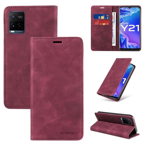 XNCVBD Funda Tipo Cartera Compatible con Vivo Y21 2021/Y21S/Y33S 4G//Y33T Tarjetero Flip Cover RFID Bloqueo de Cuero Protectora Duradera a Prueba Golpes(Rosso)