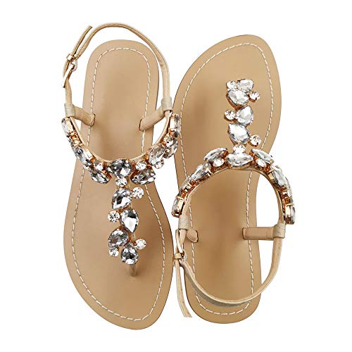 Image of Women's Rhinestone Flat Sandals, Women Flip Flops with Clip Toe RingBeadeed Rhinestone Crystal Jeweled Sandal Shoes for Summer Beach Oceanside Holiday Outdoor