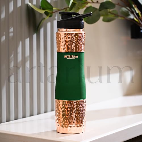 Image of Artarium Pure Copper Sipper Water Bottle 1 Litre Durable Bottle Leak Proof Rust Free Copper Bottle With Added Ayurveda Yoga Health Benefits (Sipper Water Bottle Green 29Cm)