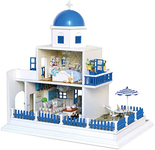 Casa de mu�ecas en miniatura 3D Muebles de bricolaje LED Habitaci�n creativa Casa de costura manual Estilo mediterr�neo Caja de m�sica Caba�a rom�ntica Montaje de juguetes Simulaci�n Regalos