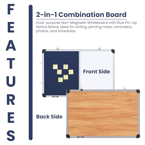 Image of GOSHU Combination White Board 2 feet x3 feet & Blue Pin-Up Notice Board | Non-Magnetic Dual Board for Home, Office & School (2x3 feet, Pack of 1 Item)