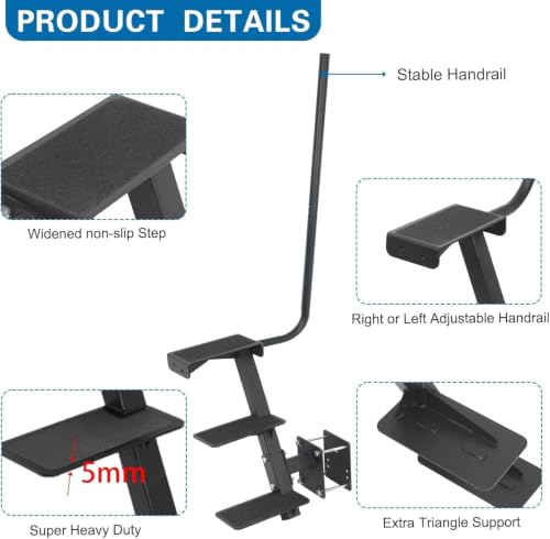 Image of Boat Trailer Step, 3 Steps Ladder for Trailer Tongue with Handrail | Heavy Duty Steel, Widended Steps, Anti-Slip, Triangle Supports, Left or Right Adjustable Handrail, 450lbs Capacity