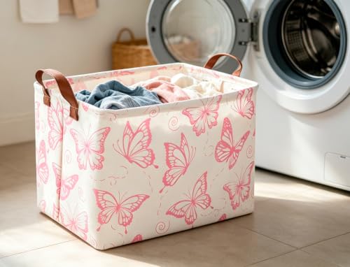 Image of CLOCOR Rectangular Fabric Storage Bin, Waterproof Storage Box with Handles(Pink Butterfly)