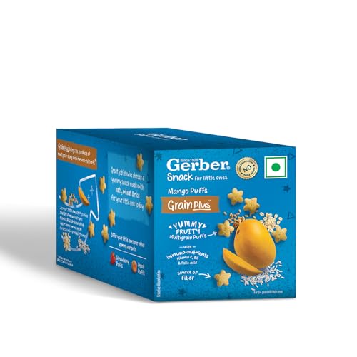 GERBER Snacks – Mango Puffs for Kids| Yummy and Nutritious | Made with Multigrain Oats, Wheat & Rice | Source Of Fiber | Not Fried | No Added Colors Or Preservatives | Travel Friendly & Ready to Eat Snack For Children | 150g(6x25g) GERBER Snacks – Mango Puffs for Kids| Yummy and Nutritious | Made with Multigrain Oats, Wheat & Rice | Source Of Fiber | Not Fried | No Added Colors Or Preservatives | Travel Friendly & Ready to Eat Snack For Children | 150g(6x25g)