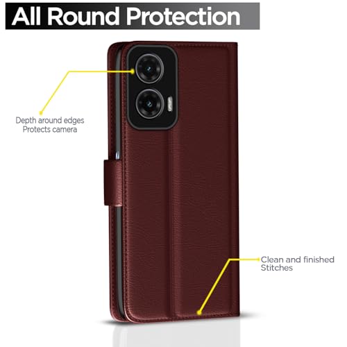 Image of Pikkme Flip Cover Leather Finish | Inside TPU with Card Pockets | Wallet Stand and Shock Proof | Complete Protection Button Flip Case for Moto G35 5G(Brown)