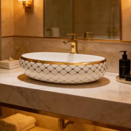 Image of Wallace Premium Countertop Wash Basin 60x40x15 cm | Oval Ceramic Table Top Sink | White & Gold Finish | Glossy Designer Bathroom Vanity Wash Bowl | Modern Luxury Above Counter Basin