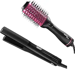 Kit: Escova Oval Secadora, Modeladora e Volumizadora, Rosa/Pink 127V + Chapinha/Prancha de Cabelo Cerâmica 180°C
