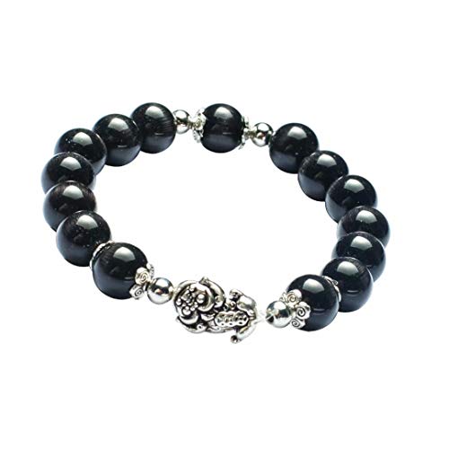 MANRUO Feng Shui Amulet Bangle Prosperity 10mm Natural Tiger's Eye Beads Bracelet with Silver Plated Pi Xiu/Pi Yao Attract Lucky Wealthy(Black)