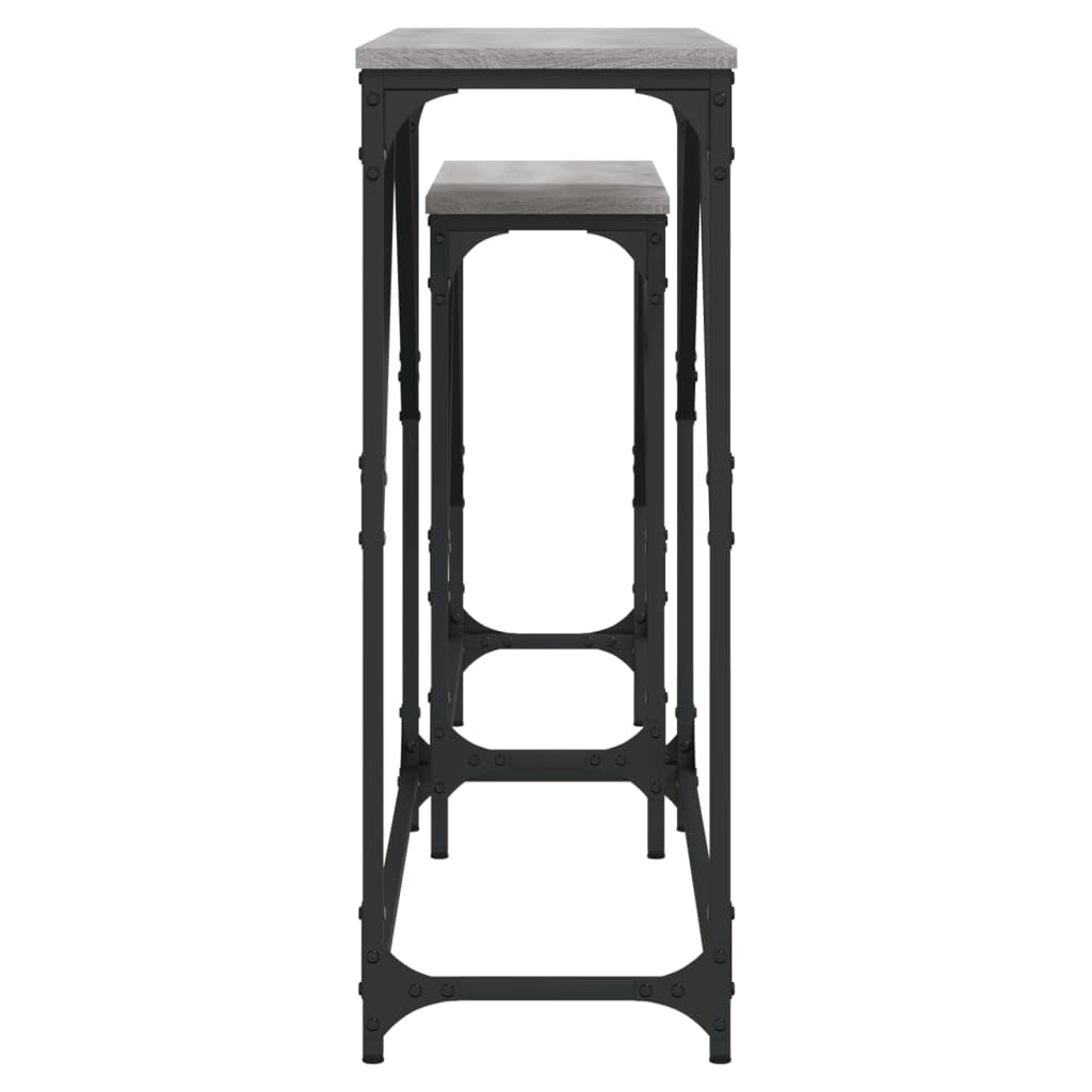 Stoły konsolowe, zestaw 2 sztuk, szary materiał drewnopochodny Sonoma, metalowa rama, szerokość 100/80 cm, stoliki pomocnicze do salonu, korytarza, przedpokoju, zajmują mało miejsca