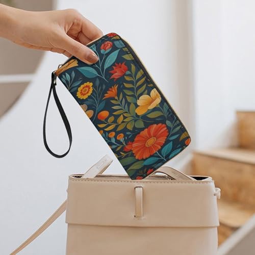 Floral Pattern Women's Wallet Wristlet Zipper Purse with Hand Strap Travel Credit Card Holder for Daily Use Gifts 7