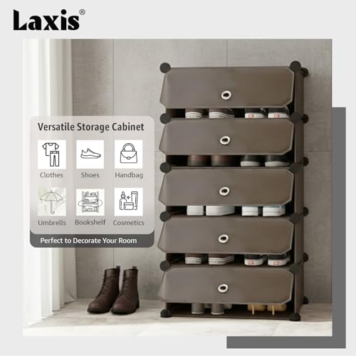 Image of LAXIS 5 Shelf Shoe Rack with 5 Doors, Magnets, 5 Hook Steel Holder & Wooden Hammer for Home Storage PP Plastic Organizer with Metal Door Frame to Cover Chappal Slipper