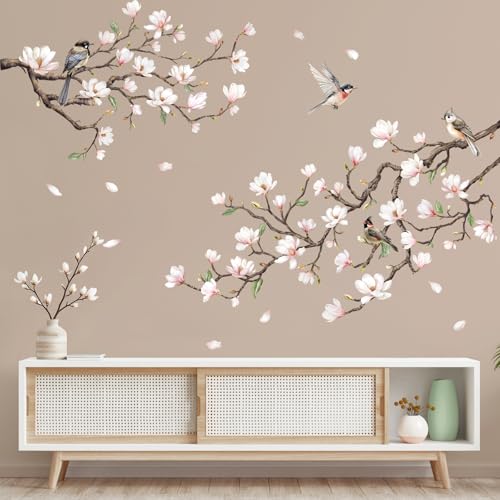 Tanlaby Autocollants Muraux Magnolia Blanc Sticker Muraux Arbres Fleurs Branches Rose Sticker Murale à Décoller et Coller Décoration Murale d'Sngle pour...