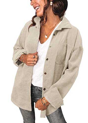 Womens Long Sleeve Button Up Pocket Shirts Ladies Loose Fit Corduroy Shacket Jacket Blouse Tops Off White M