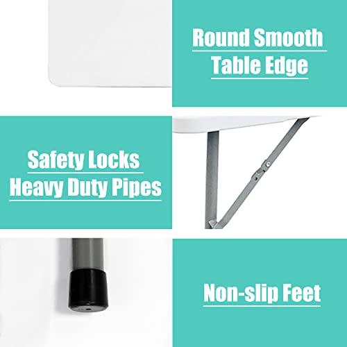 Go-Trio Folding Tables 4 Foot Small, Foldable Table Adjustable Height Desk, Card Table Indoor Outdoor, Portable Plastic Picnic Party Dining Camping Bar Low Tables, Fold In Half Heavy Duty, White #TOP6