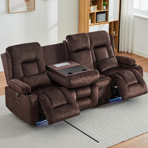 Image of URRED Power Loveseat Recliner Sofa with Massage and Heat, Wall Hugger Reclining Loveseat with Console, RV Couch Home Theater Seating with LED Lights for Living Room (Brown, 89.8 inch - 3 Seats)