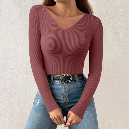 Womens Long Sleeve V Neck Sweaters Ribbed Knit Slim Fit Lightweight Sweater Solid Basic Casual Pullover Jumper Tops3