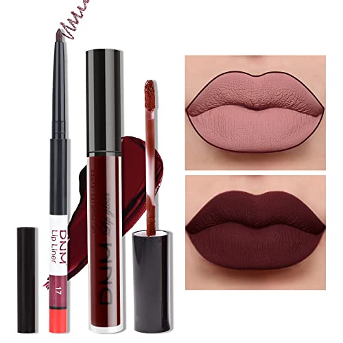 evpct 2Pcs Dark Deep Burgundy Red Matte Lipstick and Lip Liner Ma...