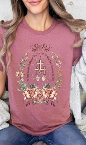 RIVER BOUTIQUE Marian Catholic T-Shirt And Sweatshirt, Virgin Mary T-shirt, Catholic Gifts For Women, Catholic T-shirt, Marian Cross Shirt, Floral Women Religious Shirts,Marian Cross T-Shirt, Floral Design, Teal4