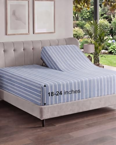 Image of Extra Deep Flex Top Split Head King Fitted Sheet - Hotel Luxury Single Fitted Sheet Only - Easily Fits 18 inch to 24 inch Mattress - Ultra Soft, Wrinkle Free w /Extra Deep Pockets - Blue Stripes 3