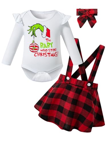 LATOBREATH Christmas Baby Girl Who Stole The Christmas Outfits Plaid Suspender Skirt Dress?12-18 Months?