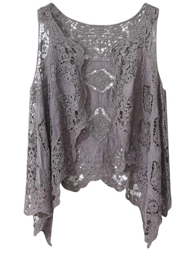 Image of Women's Floral Crochet Vest Hollow Out Open Front Vintage Boho Lace Button Sleeveless Crochet Cardigan