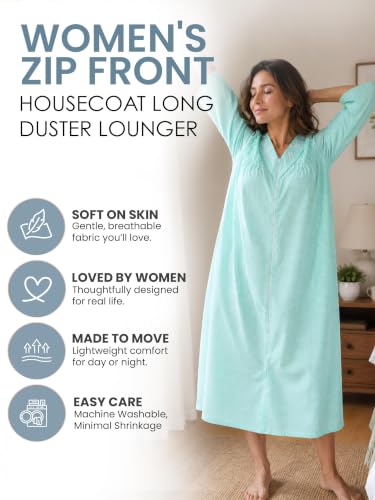 Image of Casual Nights Women's Zip Front Woven House Dress | 3 /4 Sleeves Housecoat Long Duster Lounger
