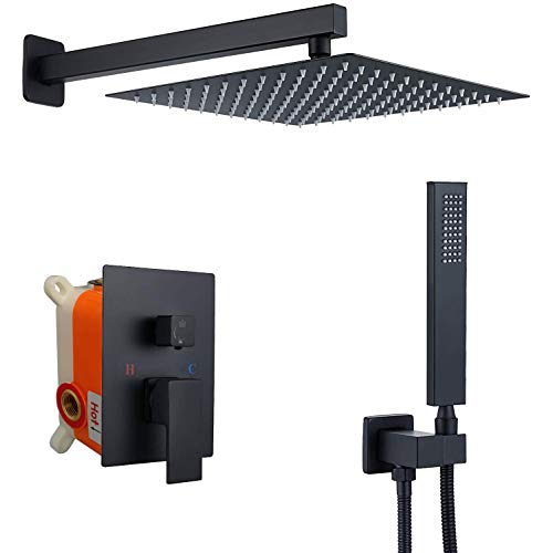 ZUKKI Rain Setting Shower Faucets Sets Complete Brass 10 Inch Square Ceiling Mount Bathroom Mixer Shower Combo Set Ceiling Install Rainfall Shower Head System 8115-05A Black
