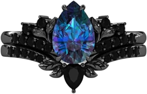 Vintage Twig Ring Set Pear blue alexandrite Engagement Ring Black Gold Nature Inspired Leaf Ring Womens ring set