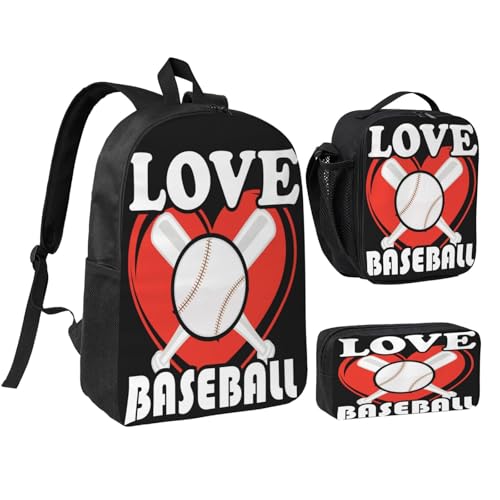 Love Baseball Bat 17 Inch Backpack Sets Lunch Bag Lightweight Daypack for Men Women 3Pcs