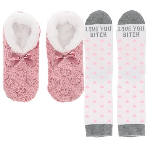 Pavilion Gift Company - Love You Bitch - One Size Fits Most Soft Sherpa Cozy Bold Funny Anti-Slip Slippers With Heart Patterned Socks Best Friend BFF Bestie Sentimental Gift
